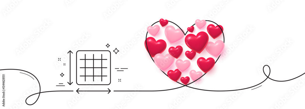 Poster square area line icon. continuous line big heart. room dimension sign. territory measurement symbol.
