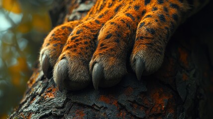 Obraz premium Close-up of jaguar paw with claws resting on tree bark.