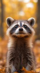 Fototapeta premium Adorable raccoon sitting in autumn leaves, looking directly at the camera.