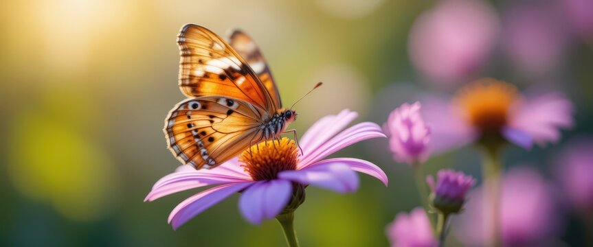 Orange butterfly on purple flower in soft sunlight.