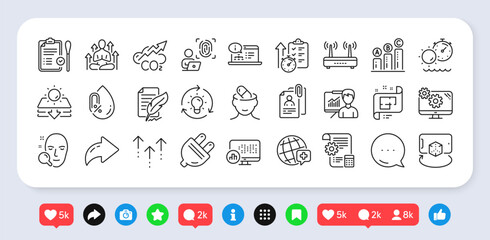 Tanning time, Face search and Electric plug line icons pack. Social media: share, comment, like icons. Presentation, Online documentation, World medicine web icon. Vector