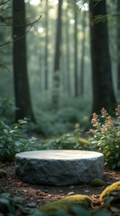 Obraz premium circular gray stone display in a tranquil forest setting