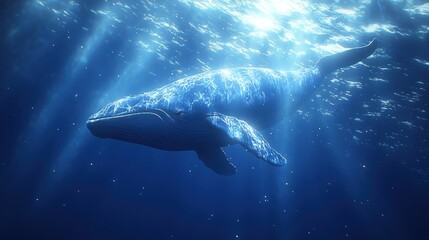 Majestic whale swimming in sunlit ocean depths.