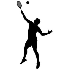 A silhouette of a tennis player in motion, showcasing an athletic jump with dynamic action and a graceful pose, designed in a vector style