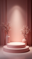 two-tiered round pink platform with flowering branches in vases