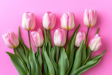 Fototapeta premium Springtime beauty unfolds with pink tulips on a soft pink background