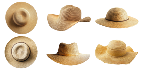 Different styles of straw hats in various angles isolated on transparent background