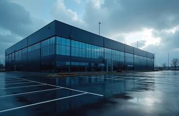 Modern architecture of blue building with many windows. Parking lot reflects sky. Commercial corporate structure. Urban city landscape in business and financial district presents real estate property.