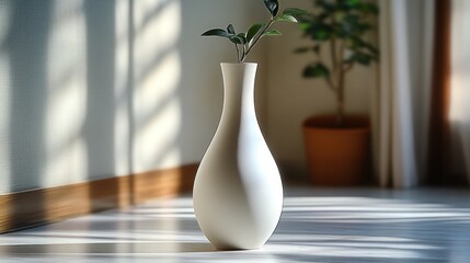 White vase with plant sprig on wooden floor in sunlit room.