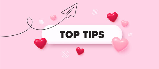 Top tips search bar. Share plane line icon. Top tips. Help assistance sign. Quiz quick tips symbol. Search button with 3d hearts. Vector