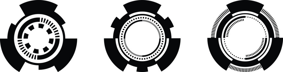 Three repeating circular graphic elements, appearing as technology interface or dashboard displays, in a simple black and white style.