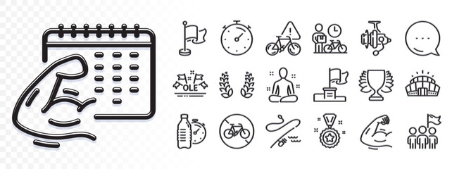 Fishing reel, Fishing rod and Arena stadium line icons for web app. Glare of light effect. Message icon. Pack of Winner, Bike attention, Bicycle prohibited pictogram icons. Vector