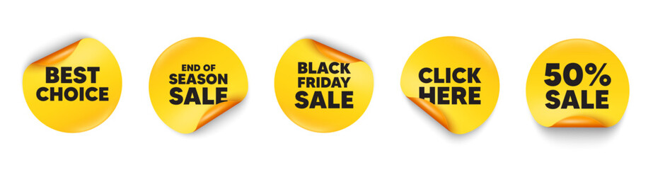 Best choice sticker tag. 50 percent discount, Black friday paper price banners. Best choice tag. Special offer Sale sign. Advertising Discounts symbol. Click here sticker. Vector