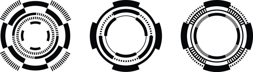 Three circular, black and white geometric shapes with a complex, layered design, perfect for use in presentations, digital graphics, or web design.