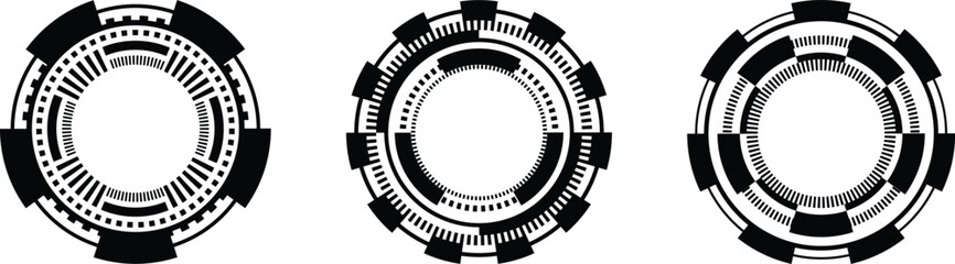 Three circular, geometric shapes, designed in black and white, resembling technology or futuristic interfaces.