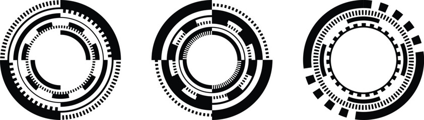 three concentric circles, each with a complex geometric pattern of black and white shapes.