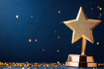 A gold star on a blue background symbolizes a reward for top performance. It represents achievements, victory, and goal accomplishment. The concept includes a winner's cup, a certificate, and first