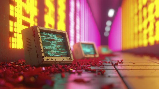 A fortress of obsolete operating systems, each guarded by ancient code, representing the cyclical nature of tech progress.