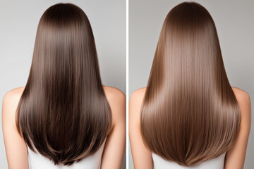 Fototapeta premium Woman with long brown hair shown before and after hair color treatment comparison. Hair transformation concept for salon services, professional coloring and beauty makeovers