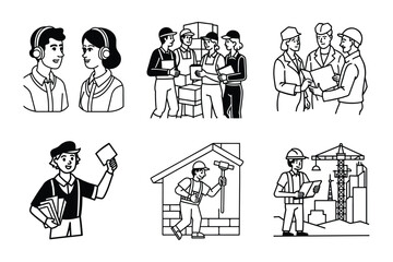 Set of business people icons in a variety of poses and professions, including both men and women, depicted as stick figures and silhouettes, representing different work and office roles