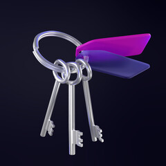 A 3d render of three metal keys and two plastic keychains on a ring on black background