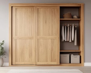 Modular wooden wardrobe with customizable shelves, adaptable minimalist design