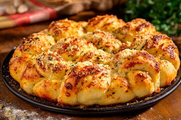 Golden brown garlic rolls are arranged neatly on a round pan, sprinkled with herbs and cheese. The rustic setting adds warmth, creating an inviting atmosphere for any meal