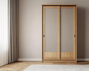 Compact wardrobe with sliding frosted glass doors and warm wood finish