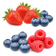  Assorted fresh organic berries on white background