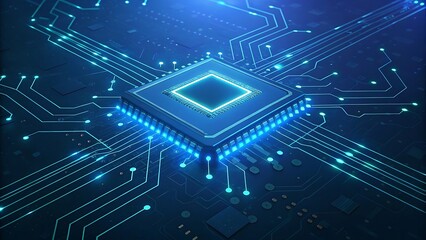 Fototapeta premium Advanced Microchip Technology with Glowing Circuits: A Futuristic Data Processing System Design for Innovation and Technology.