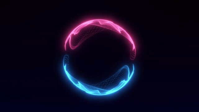 Neon futuristic modern digital 3d sphere.Animated abstract futuristic brightly shining sphere made of blue, red moving particles.Technology, science, engineering and artificial intelligence background