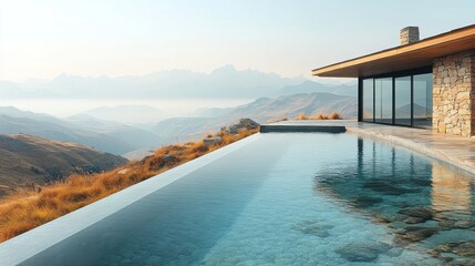 Fototapeta premium Modern house with infinity pool overlooking mountain range.