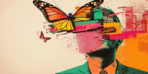Vintage Suit Man with Butterfly Emerging Abstract Art Concept