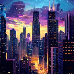 Obraz premium The urban landscape sparkles beneath a towering luminous skyscrapers presence image