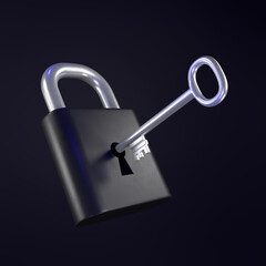 A 3D render of a black lock that has been unlocked using one metal key