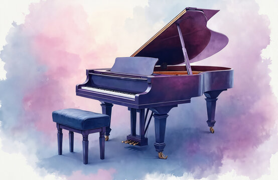 Elegant grand piano with soft pastel hues watercolor paint effect. Creative artistic expressions musical instrument craftsmanship. Vintage performance artistry melody harmony decoration design beauty