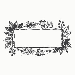 Minimalistic shape with leaves and berries, silhouette hand drawing. Rectangular frame with colored spots, vector illustration.