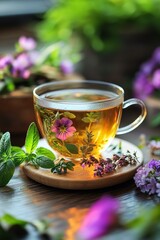 Herbal Tea with Flowers in Glass Cup