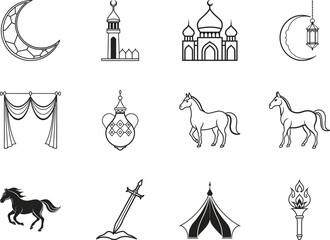 Arabian Nights Line Art Icons Mosques, Moon, Horses, Tent, Sword, Lamp, and Flame