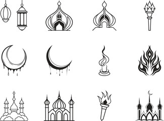 Black and White Islamic Elements Icon Set Lanterns, Crescent Moons, Mosques, and Flames Symbols