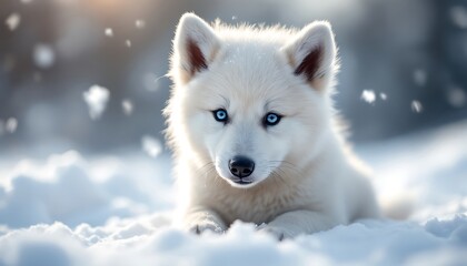 Obraz premium Adorable White Puppy in Snow Winter Wonderland