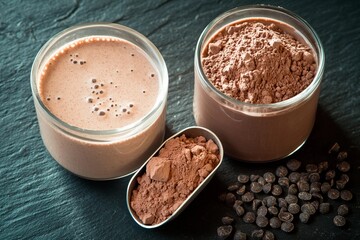 Creamy chocolate beverage sits in a clear jar alongside rich cocoa powder and dark chocolate chips on a textured slate surface. The setup highlights a delicious treat