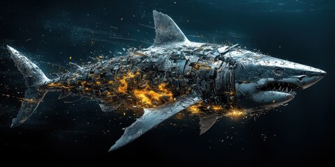 Fototapeta premium An aquatic predator appears constructed of fragmented metallic components