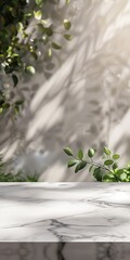 A white marble surface in an outdoor setting with sunlit greenery casting soft shadows on a light-colored wall, creating a bright and serene atmosphere.