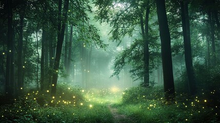 Fototapeta premium Magical Enchanted Forest with Fireflies and Mysterious Fog