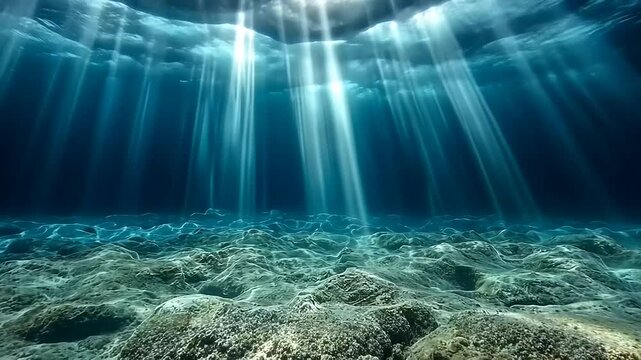 Sunlight filtering through ocean water, illuminating the seabed with gentle waves and tranquility
