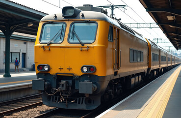 Fototapeta premium Yellow commuter train arrives at station platform. Electric locomotive pulling carriages, modern rail transport. Passenger railroad cars, public transportation. View of railway wagon, railroad track.