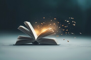 Magical Open Book for Glowing Light, Dark Background.
