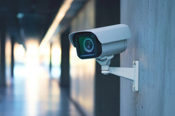 Security camera monitoring activity in a modern building corridor for safety