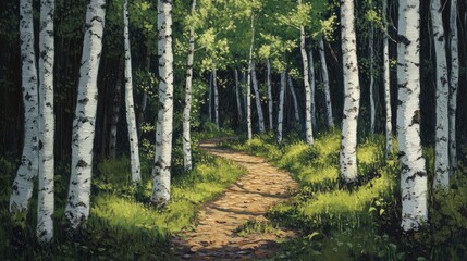 Serene Pathway Through Birch Forest Surrounded by Lush Greenery and Sunshine Filtering Through Leaves